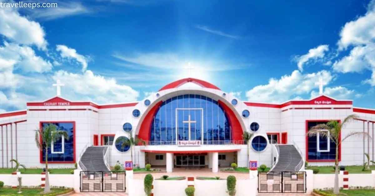 Calvary Temple Hyderabad church exterior with worshippers attending Sunday service
