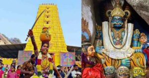 Komuravelli Mallanna Temple in Telangana surrounded by devotees during the annual Maha Shivaratri festival.