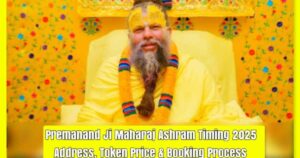 Premanand Ji Maharaj Ashram temple timings board showing daily darshan and aarti schedule.